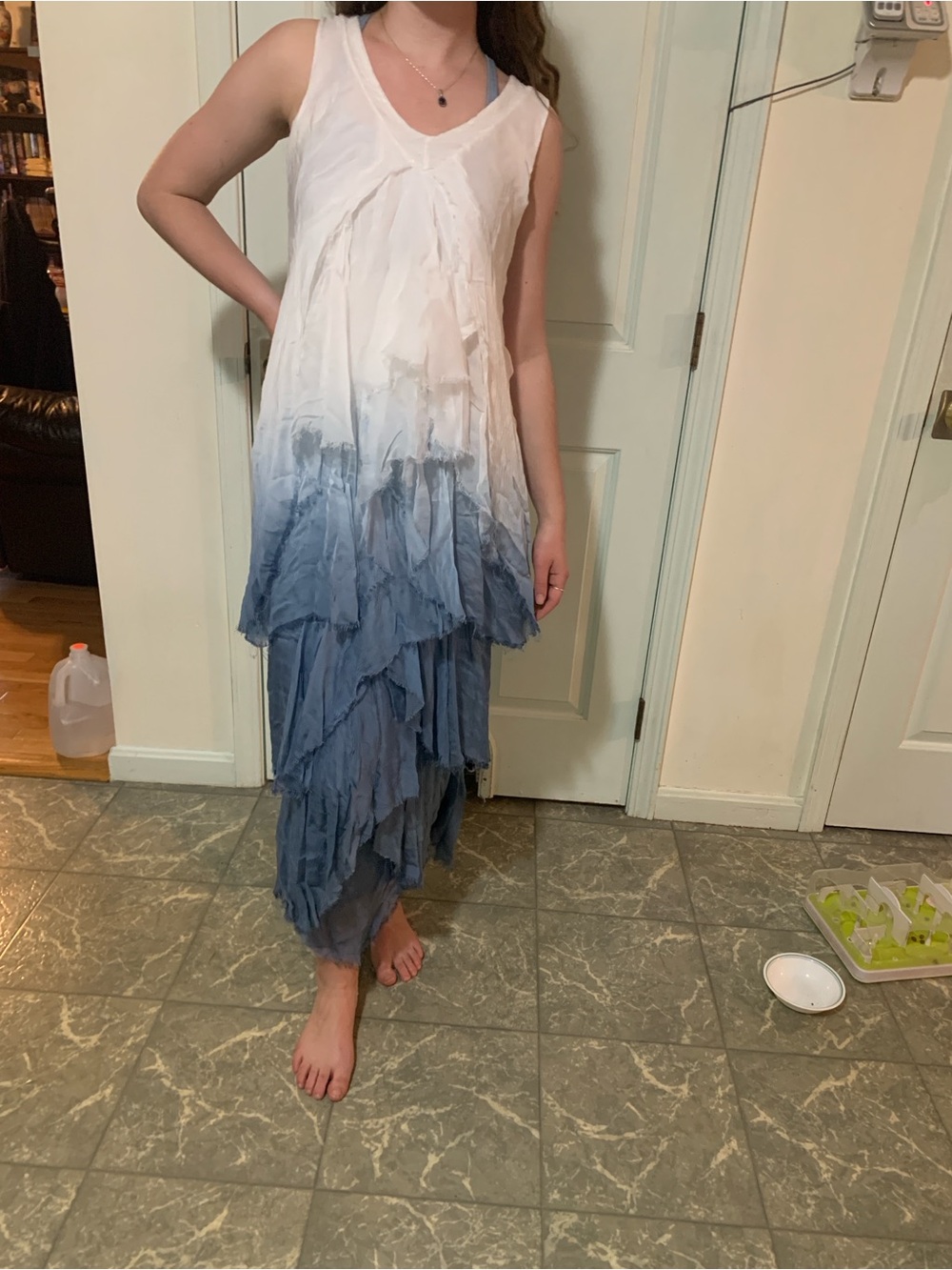 Sleeveless 100% Silk White-to-Blue Ombre Layered Maxi Dress